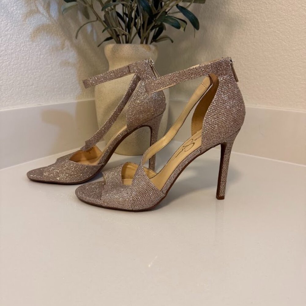 Gold Glitter Strappy Heels – Jessica Simpson Stilettos, Size 8.5